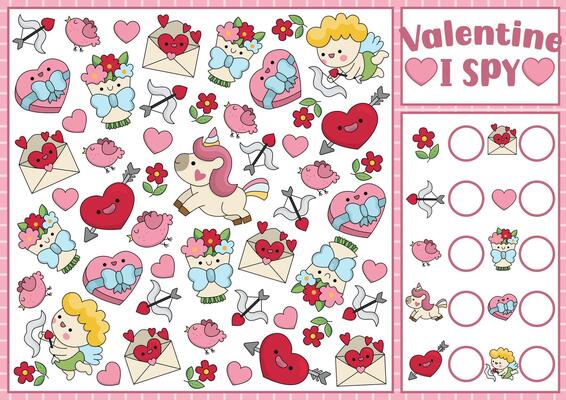Saint Valentine I spy game for kids. Searching and counting activity with cute kawaii symbols. Love holiday printable worksheet for children. Simple spotting puzzle with unicorn, heart, cupid
