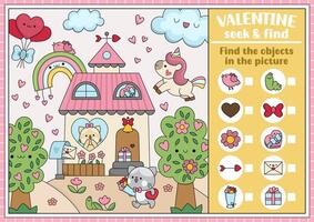 Saint Valentine searching game with house and kawaii characters. Spot hidden objects in the picture. Simple love holiday seek and find printable activity with unicorn, cupid, hearts vector