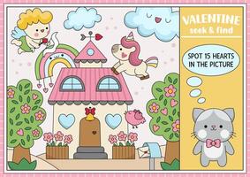 Saint Valentine searching game with house and kawaii characters. Spot hidden objects in the picture. Simple love holiday seek and find printable activity with unicorn, cat couple, hearts vector