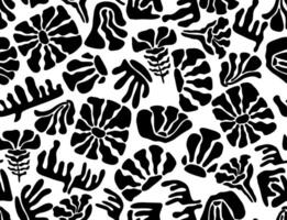 Seamless monochrome pattern with simple minimalist illustrations, simple wavy and fluted grooves. Hand drawn naive style flowers and plants. vector