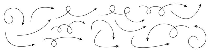 Collection of curved arrows. Set simple curved hand drawn arrows. vector