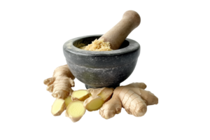 Ginger root and slices with mortar and pestle isolated on a transparent background png