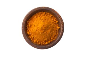 Turmeric powder in a rustic wooden bowl isolated on transparent background png