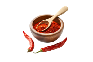 Wooden bowl of chili powder with dried red chilies isolated on a transparent background png