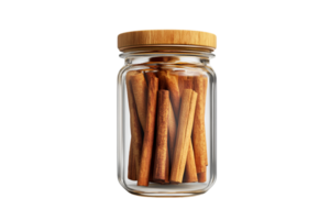 Glass jar filled with cinnamon sticks isolated on a transparent background png