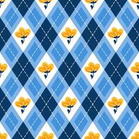 Gentle seamless pattern with blue and white diamond checkered background and yellow floral elements for summer or spring fabric vector