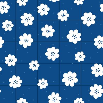 Gentle seamless pattern with white floral design on dark blue checked background