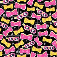 Bright seamless pattern with colorful sunglasses and bow ties in pink and yellow on black background vector