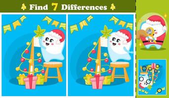 Spot the differences game Tooth character decorating Christmas tree made of toothbrush vector