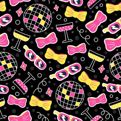 Fun seamless pattern with champagne glasses, disco spheres, bright sunglasses