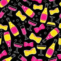 Fun seamless pattern with sparkling wine bottles, champagne glasses, bow ties, sparkles vector