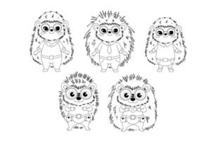 Anthropomorphic hedgehog characters wearing glasses and various outfits. Black and white line art illustration. Cartoon style drawing for coloring book, character design, and print. vector