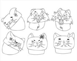 Set of cartoon cat face illustrations with various emotional expressions. Black and white line art in minimalistic style. Character design concept for stickers, emojis, and prints vector