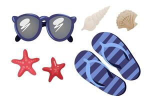 Beach accessories including sunglasses, striped flip-flops, starfish, and seashells. illustration isolated on white background. Summer vacation and seaside concept for design and print. vector