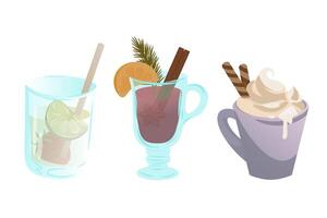 drink with herbs in a glass, mulled wine with orange slice and cinnamon in a transparent mug, and creamy hot chocolate with whipped cream and wafer sticks vector