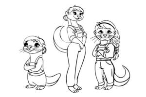 Anthropomorphic otter family characters in various poses wearing casual clothes. Black and white line art illustration. Cartoon style drawing for coloring book, character design, and print vector