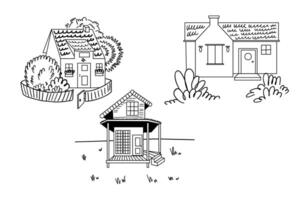 Set of three house illustrations in different architectural styles surrounded by trees and bushes. Black and white line art drawing. Ideal for coloring books, architectural design, and art projects. vector