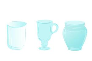 Set of three blue glassware items including a tumbler, a mug, and a jar. Minimalistic illustration isolated on a white background. Kitchenware and home decor concept for design and print. vector
