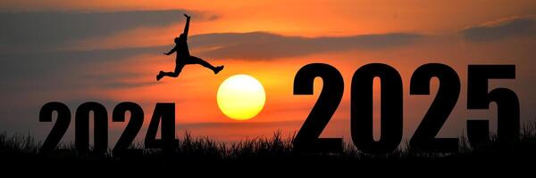 Silhouette of Person Jumping from 2024 to 2025 Against a Vibrant Sunset Background Symbolizing New Year and Fresh Beginnings photo