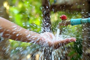 Refreshing Splash of Water from Outdoor Faucet onto Hand in Sunlit Garden Setting photo