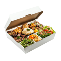 Delicious multi-course meal in a takeaway container, featuring grilled meats and fresh salads. png