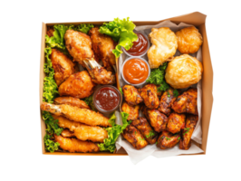 Delicious assortment of chicken wings, biscuits, and sauces in a takeout box with fresh greens on the side. png