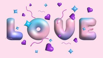 3D letters the English alphabet Y2K style. Text Love with confetti. Bubble font. Festive design. Rainbow Letters for Holiday. vector