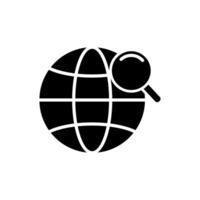 A black and white globe with a magnifying glass icon vector