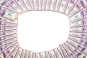 Circle frame made of hundred dollar bills, creative money background with transparent empty space png