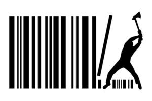 silhouette illustration of a person cutting down barcode stems using an axe. black sign cartoon. vector