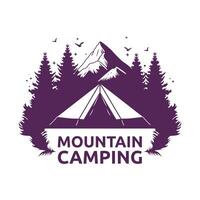 Logo Design of Camping Camp Tent in Purple Mountain View with Pine Trees in Forest vector