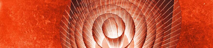 Abstract banner with spiral wire texture with glowing red and orange tones against vivid background, symbolizing energy, motion, industrial and futuristic design concepts. Copy space photo