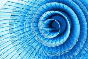 Abstract spiral metal coiled wire mesh with blue grid pattern, geometric symmetry, minimalist design for industrial construction, diy, architectural concepts. Isolated on white background. Copy space photo