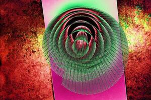 Abstract spiral structure with green, red and pink tones, dynamic composition, vibrant textures, modern design, colorful geometric futuristic pattern, creative inspiration, and visual art. photo