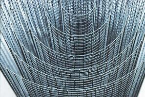 Abstract spiral metal coiled wire mesh with grid pattern, geometric symmetry, modern minimal design for industrial construction, diy, architectural concepts. Isolated on white background. Copy space photo