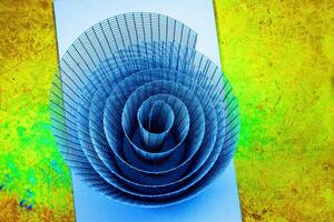 Abstract spiral structure with blue, green and yellow tones, dynamic composition, vibrant textures, modern design, colorful geometric futuristic pattern, creative inspiration, and visual art. photo