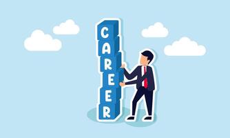 A businessman pulls a block labeled E from a stack of blocks spelling CAREER, illustration of analyzing and evaluating business career performance vector