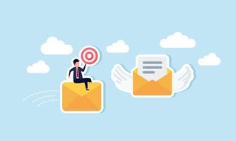 A businessman rides a thrown envelope carrying a target board, chasing a flying envelope with wings, illustration of pursuing new business contract targets to complete business goals vector