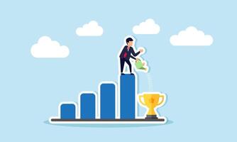 A businessman waters a trophy atop a chart, illustration of maintaining status as a leading company alongside business performance improvement vector