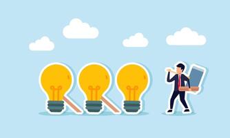 A businessman carrying wood and a big hammer intends to support a row of lights to prevent them from falling, illustration of maintaining and improving business ideas to stay relevant vector