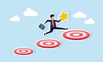A businessman carrying a star runs and jumps over a row of target boards, illustration of step-by-step achievement in completing business targets to ensure high-quality business vector