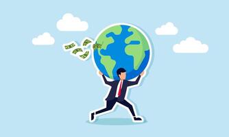 A businessman runs carrying a torn globe, spilling money everywhere, illustration of saving the Earth from irresponsible business exploitation vector