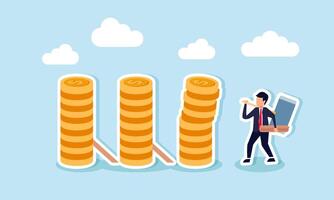 A businessman carrying wood and a big hammer intends to support a stack of coins to prevent them from falling, illustration of securing business financial assets vector