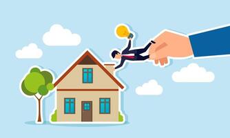 A businessman hold a lamp is pulled by a hand while tightly grip a house chimney, illustration of recruit a creative manager from their comfort zone in a previous company vector