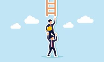 A businessman hold a lamp receives help climb a ladder from his partner by step on their back, illustration of business partner support for gain ideas to improve performance vector