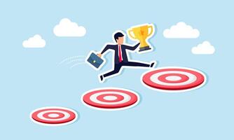 A businessman carrying a trophy runs and jumps over a row of target boards, illustration of step-by-step achievement in completing business targets to become a leading company vector
