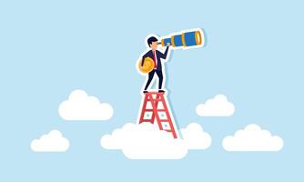 A businessman holds a dollar coin and peers ahead while climbing a ladder above the clouds, illustration of observing and analyzing strategies to increase business profit and revenue vector