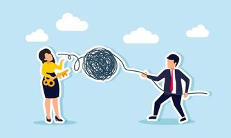 A businessman pulls chaotic elements out of a businesswoman mouth holding a key, illustration of receiving useless input on business problem solutions vector