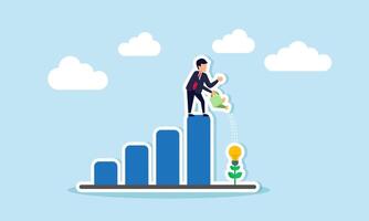 A businessman waters a lamp plant atop a chart, illustration of maintaining creativity in generating business ideas and innovations to stay up to date vector