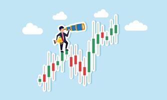 A businessman observes through a telescope atop a stock chart holding a trophy, illustration of a leading company monitoring and analyzing competitor movements vector